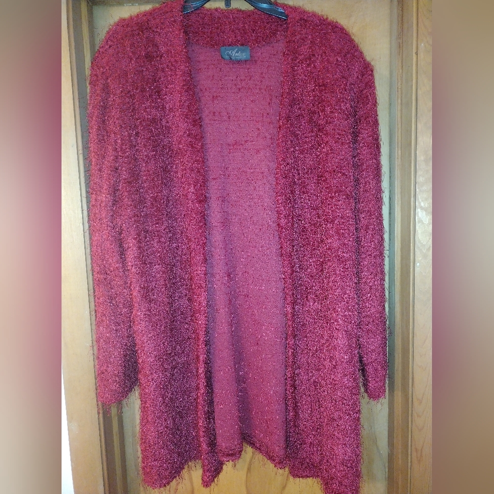 Artex Long Red Open Front Cardigan XL Fuzzy Business Church Grannycore